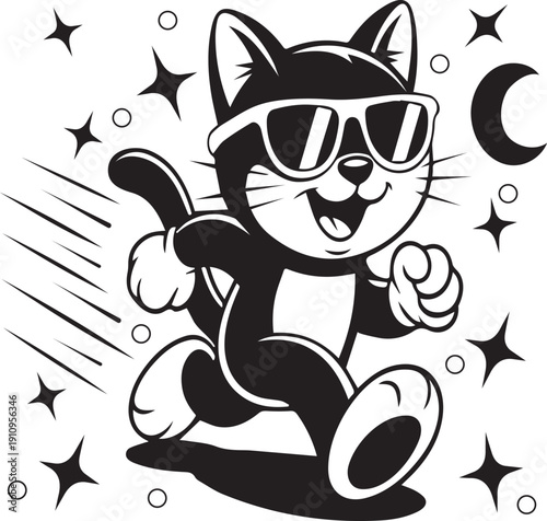 A playful black and white cat wearing sunglasses and dancing under the stars