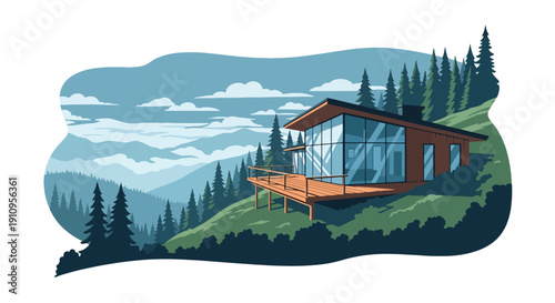 Flat vector illustration of hillside modern house with panoramic windows and mountain view, showing peaceful nature-integrated architecture