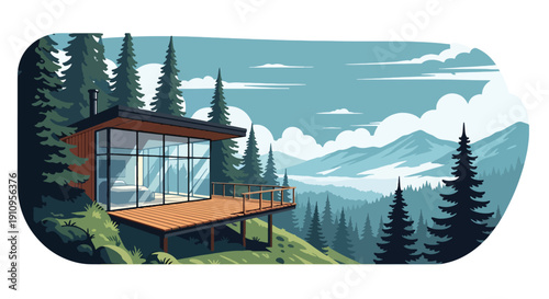Flat vector illustration of hillside modern house with panoramic windows and mountain view, showing peaceful nature-integrated architecture