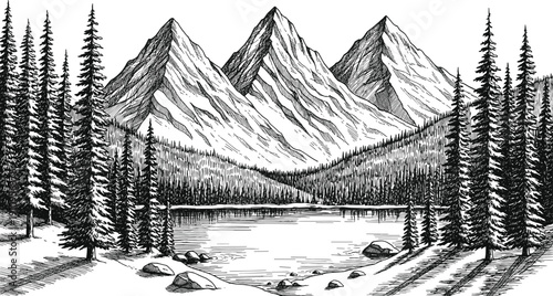 Hand drawn black and white vector illustration of mountain landscape with lake and pine forest wilderness nature scene sketch