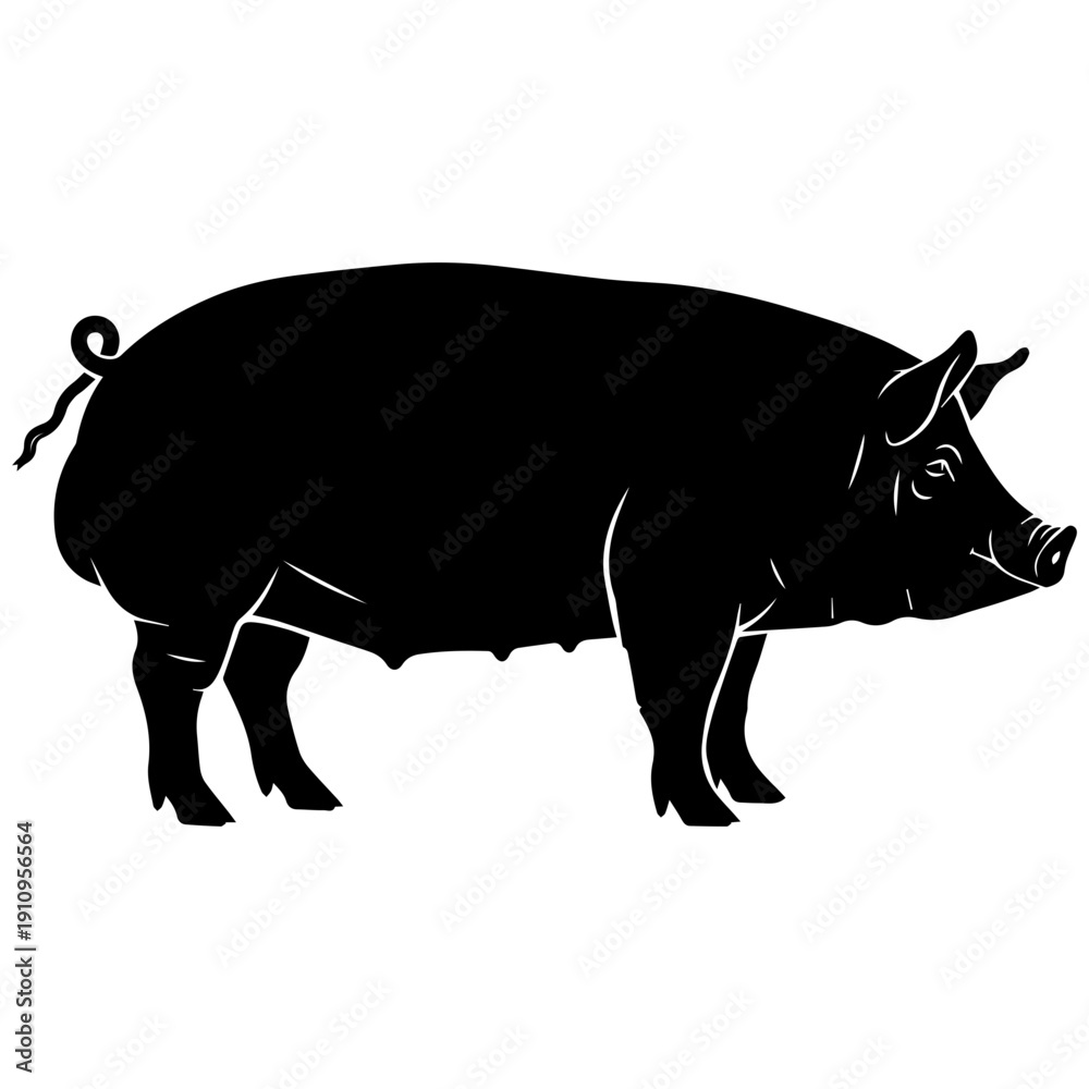 Fototapeta premium Black and White Silhouette Pig Vector Logo, Farm Animal Icon, Simple Clean Design