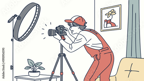 Young content creator recording video with ring light and camera, modern flat vector illustration, clean editable design