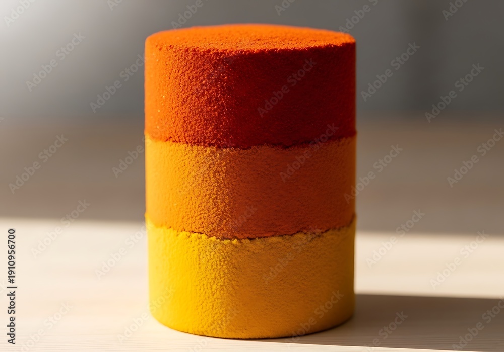 Obraz premium A vibrant cylindrical mousse cake decorated with three distinct color layers