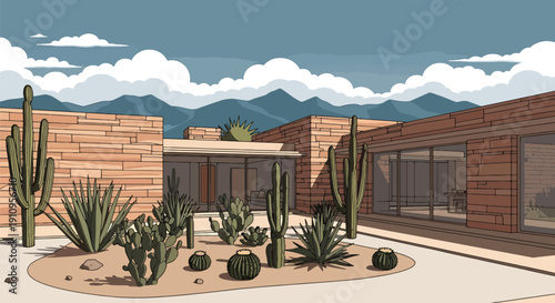 Modern flat vector illustration of desert villa with cactus garden and mountain backdrop, showing arid climate architecture