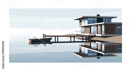 Flat vector illustration of lakeside modern house with pier and reflections, showing calm nature-inspired living concept
