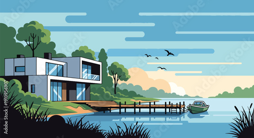 Flat vector illustration of lakeside modern house with pier and reflections, showing calm nature-inspired living concept
