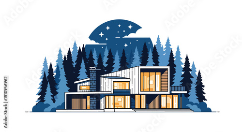 Modern flat vector illustration of mountain cabin-style house with pine forest and starry night sky, showing cozy retreat living