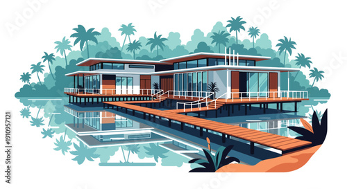 Flat vector illustration of modern house on stilts above river with walkways and forest background, showing tropical lifestyle