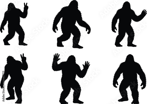 Bigfoot silhouette collection, sasquatch poses set, cryptid monster shadow illustration, black hairy creature isolated on white background vector design