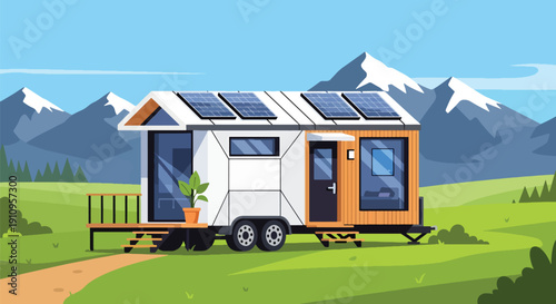 Flat vector illustration of tiny modular house with solar panels in green meadow, showing mobile eco lifestyle