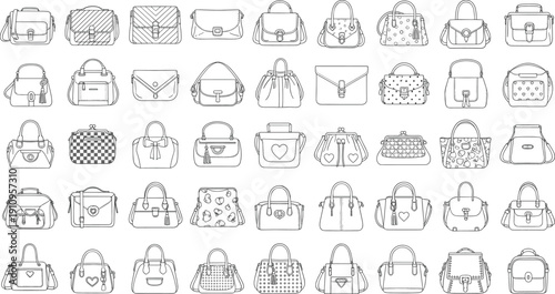 Hand Drawn Handbag Icon Set with Fashion Purses Tote Bags Backpacks and Stylish Accessories Outline Vector Collection