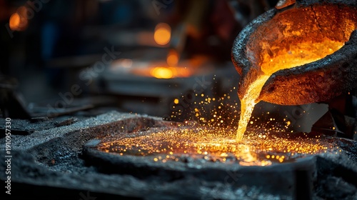 Molten metal is being poured into a mold in a foundry