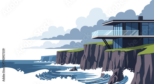 Modern flat vector illustration of cliffside house with ocean view and glass balcony, showing dramatic luxury living