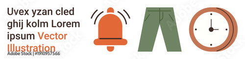 Time management, fashion alert, punctuality, clothing design, reminders, notifications. Bell icon next to pants and clock. Time management and fashion alert concept