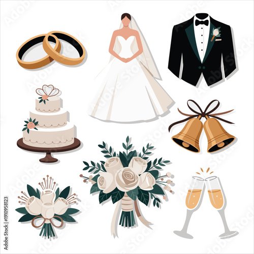 A collection of wedding icons and symbols on a white background