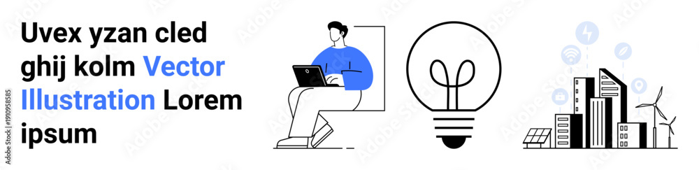 Fototapeta premium Remote work, brainstorming, sustainability, technology, innovation, urban development. Person working on laptop, lightbulb icon modern cityscape with wind turbines. Remote work and innovation
