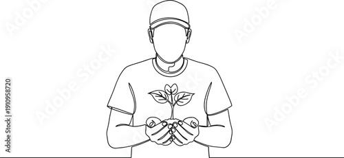 Continuous line drawing of a man holding a small green plant sprout in hands for growth and sustainability