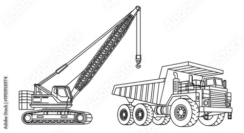 Crane and Dump Truck Illustration.