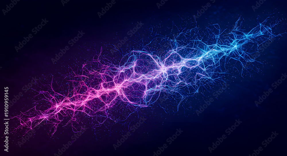 Fototapeta premium Electrical discharge in dark space, vibrant sparks, abstract energy, glowing filaments, dynamic motion captured in high-definition image
