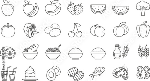 Hand Drawn Healthy Food Icon Set with Fruits Vegetables Rice Bread Seafood Cake and Organic Ingredients Outline Vector Collection