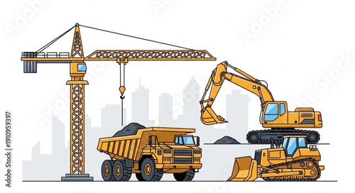 Construction cranes and heavy machinery.