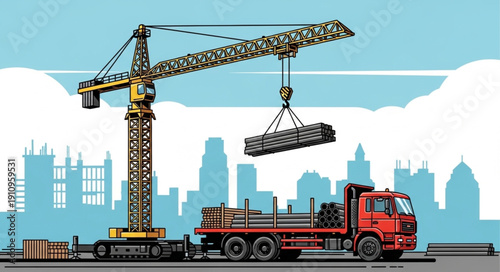Construction Site Crane and Truck.