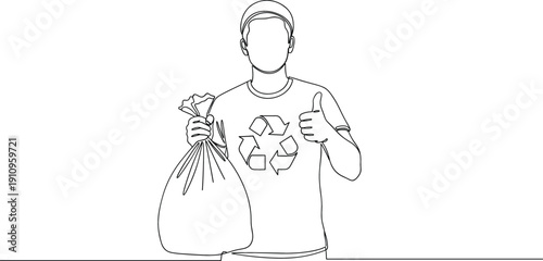 Continuous line drawing of a man in a recycling shirt holding a trash bag with a thumbs up