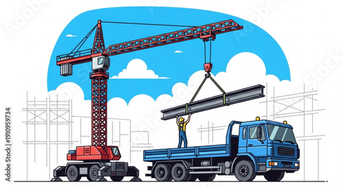 Construction Site Crane and Trucks.