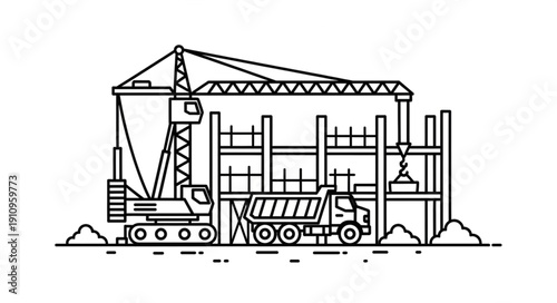 Construction Site with Crane and Building.