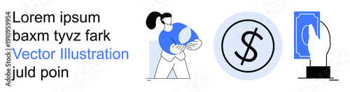 Financial management, payment methods, banking, digital economy, savings, transactions. Woman holding a card, dollar symbol and hand exchanging money. Financial management and payments concept