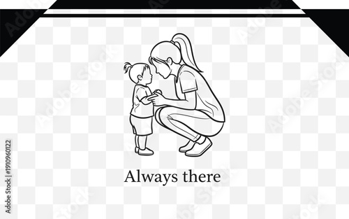 Black and white illustration of a woman and child isolated on transparent background
