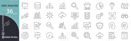 Data Analysis icon set. Analytics and data science related line icons. charts, graphs,  data visualization, report, database, analytics tools, insights and more. Editable stroke.