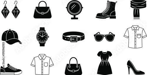 Black and white fashion icon set featuring earrings, handbags, shoes, sunglasses, shirts, dress, cap, belt, and wristwatch designs
