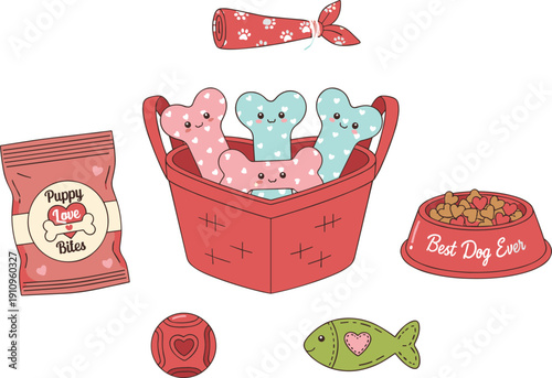 Cute dog-themed treats and toys in colorful basket with love bites, playful accessories, and pet care vector illustration design.