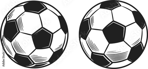 Professional soccer ball vector illustration set, classic black and white football icons for sports competition and league design