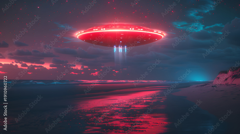 Fototapeta premium Red glowing UFO reflecting on dark water