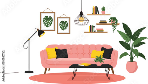 Stylish modern living room interior with pink tufted sofa, coffee table, floor lamp, framed botanical prints, and decorative shelves