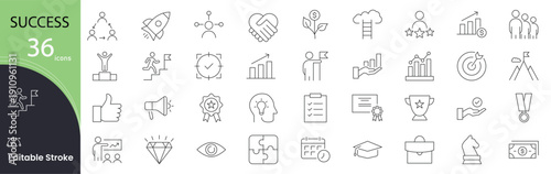 Success icon set. Achievement and motivation related line icons. trophy, medal, target, goal, award, winner, growth, celebration, leadership and more. Editable stroke.