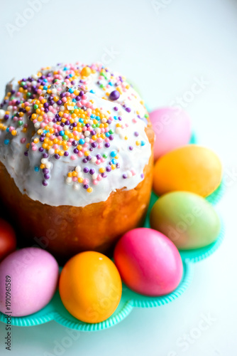 Festive Easter Cake with Colorful Sprinkles and Pastel Eggs