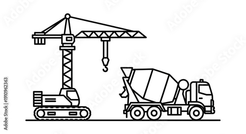 Crane lifting concrete mixer truck.