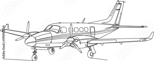 Continuous line drawing of a twin-turboprop airplane on the tarmac for minimalist regional aviation and pilot branding