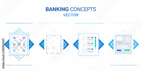 Banking concepts illustrated with vector icons atm mobile banking and security