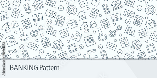 Detailed banking and finance related icons in a seamless pattern