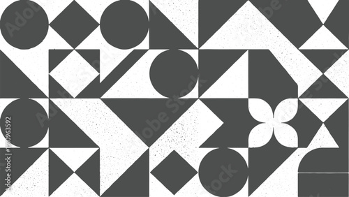 Seamless geometric pattern with circles squares triangles and diamonds in dark gray on checkered grunge texture vector design on transparent background.
