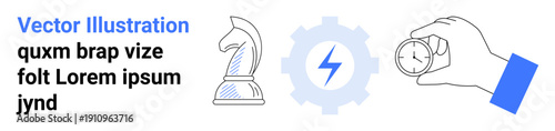 Strategic thinking, innovation, decision-making, time management, productivity, business strategy. Chess knight, gear with lightning bolt hand holding stopwatch. Strategic thinking and innovation