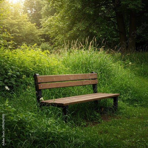 A rustic wooden bench sits nestled among vibrant green foliage and tall grass in a peaceful outdoor park setting bathed in soft sunlight ,grass ,garden ,summer