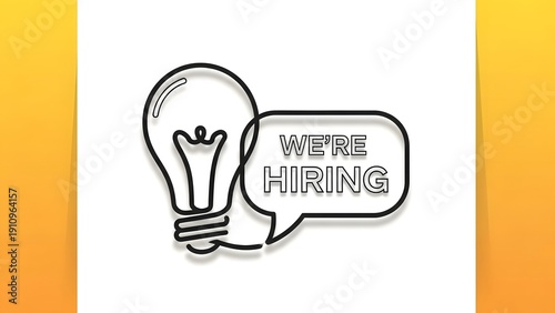 We're Hiring light bulb illustration with speech bubble. Recruiting new employees, job opening, talent search, and career opportunity concept