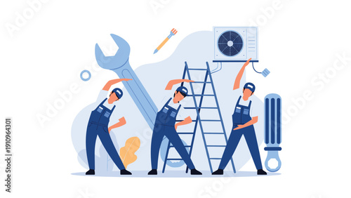 Three air conditioning technicians in blue overalls perform group stretches in front of tools and an AC outdoor unit.