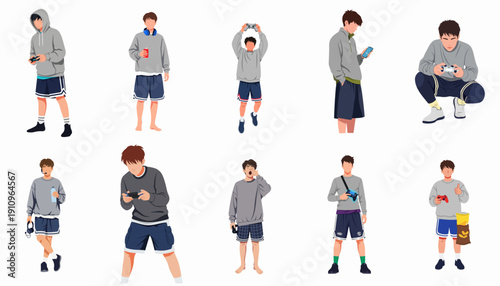 Set of 10 young male gamer characters in casual clothing engaging in digital entertainment, leisure, and relaxation.