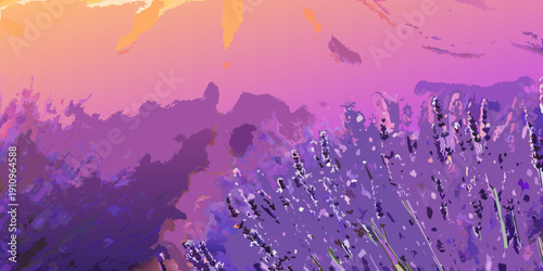 Abstract lavender field bathed in a vibrant colorful sunset glow